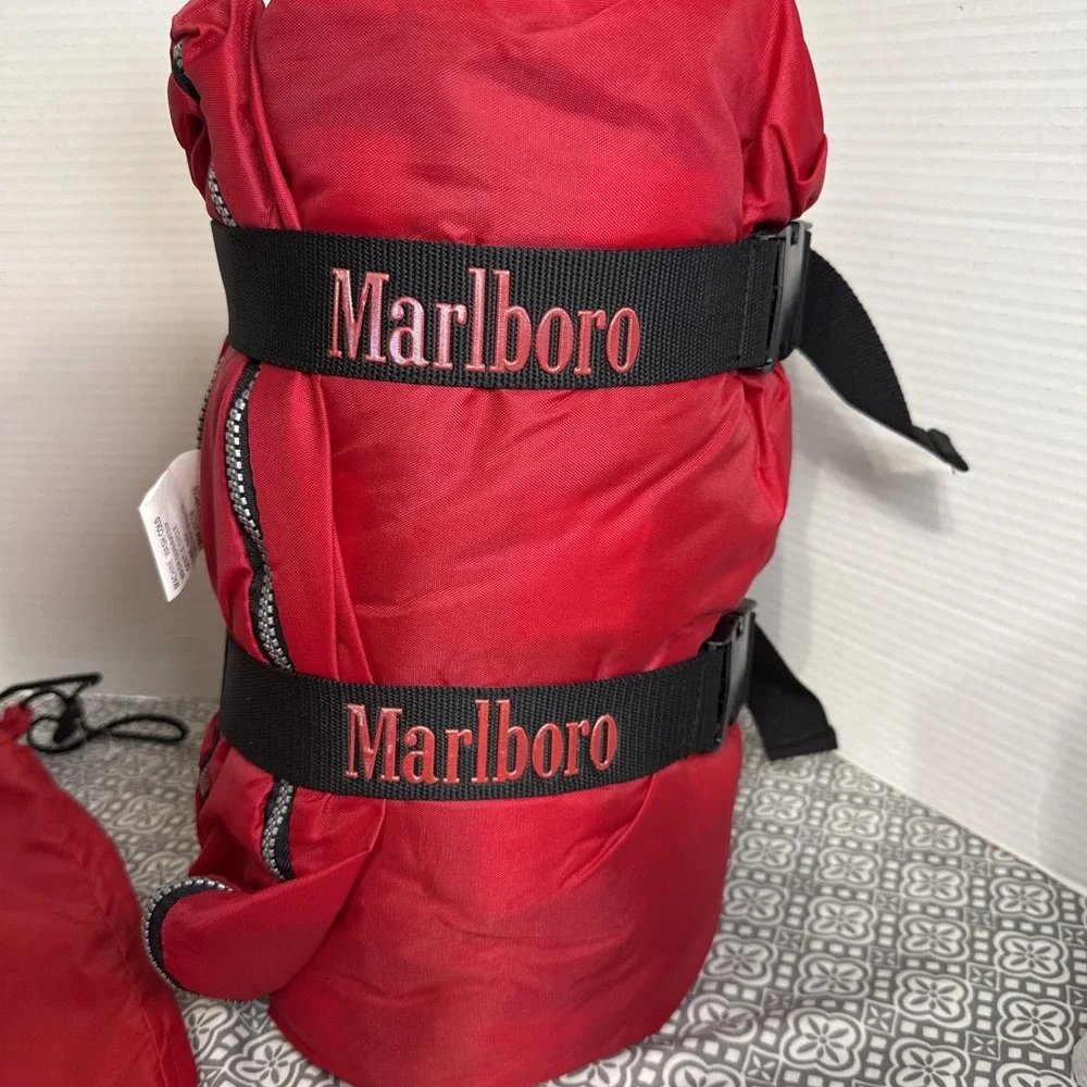 Vintage 90's Marlboro Unlimited Camping Sleeping Bag Roll Red Fleece. Nice!